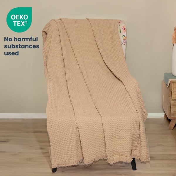 The Fine Living Co. 100% Cotton Waffle Weave Throw Blanket   Lightweight Soft and Breathable Throw Blanket for All Season  Skin Friendly Blanket for Couch Bed Sofa  50”x60” inches Sand - Image 5
