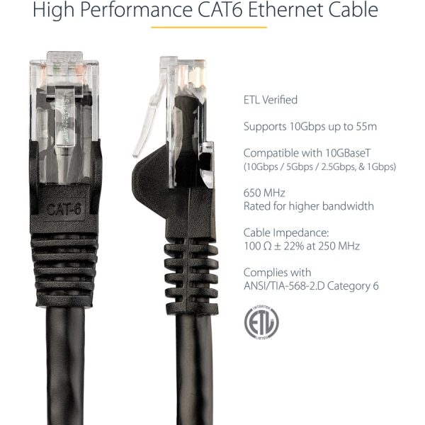 StarTech.com 50ft CAT6 Ethernet Cable - Black Snagless Gigabit - 100W PoE UTP 650MHz Category 6 Patch Cord UL Certified Wiring/TIA - Image 3