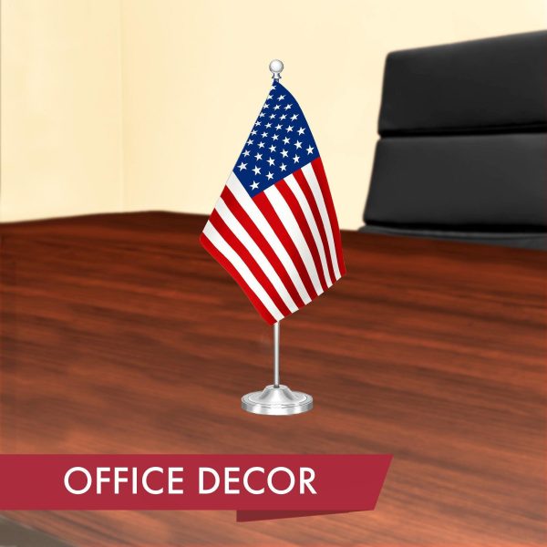 G128 American USA Deluxe Desk Flag Set | 8.5x5.5 In | Printed 300D Polyester, with Silver Dome and Base, 15" Metal Pole, Decorations For Office, Home and Festival Events Celebration - Image 4
