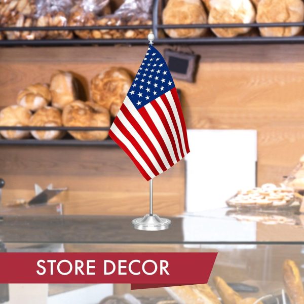 G128 American USA Deluxe Desk Flag Set | 8.5x5.5 In | Printed 300D Polyester, with Silver Dome and Base, 15" Metal Pole, Decorations For Office, Home and Festival Events Celebration - Image 6