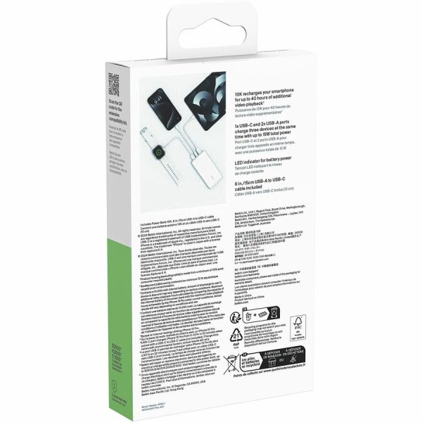 Belkin 15W 3-port USB Power Bank - 10K mAh - 2xUSB-A (12W), 1xUSB-C (15W) - Portable Charger - w/ USB-A to USB-C Cable - White - Image 8