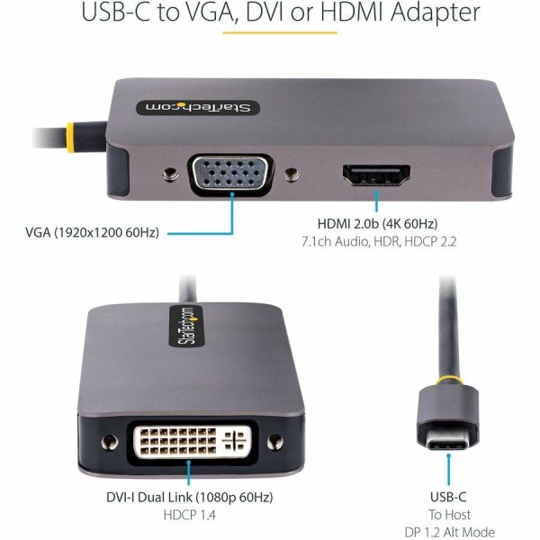 StarTech.com USB C Video Adapter, USB C to HDMI DVI VGA Adapter, 4K 60Hz, Aluminum, Video Display Adapter, USB Type C Travel Adapter - Image 2