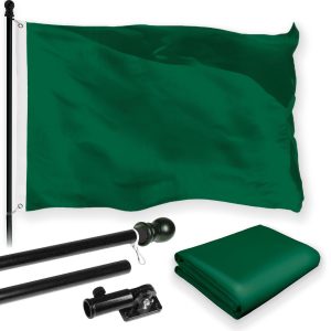 G128 Combo Pack: 5 Ft Tangle Free Aluminum Spinning Flagpole (Black) & Solid Dark Green Color Flag 2.5x4 Ft, LiteWeave Pro Series Printed 150D Polyester | Pole with Flag Included
