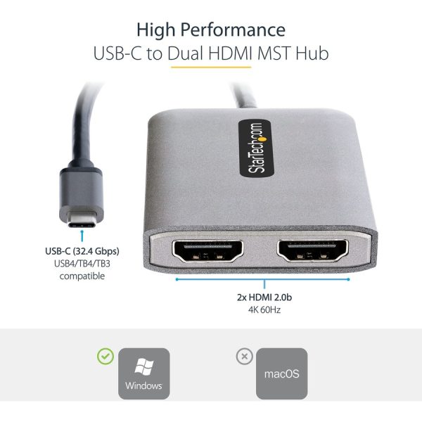 StarTech.com USB-C to Dual HDMI Adapter, USB Type-C Multi-Monitor MST Hub, Dual 4K 60Hz HDMI Laptop Display Extender / Splitter, Windows - Image 6