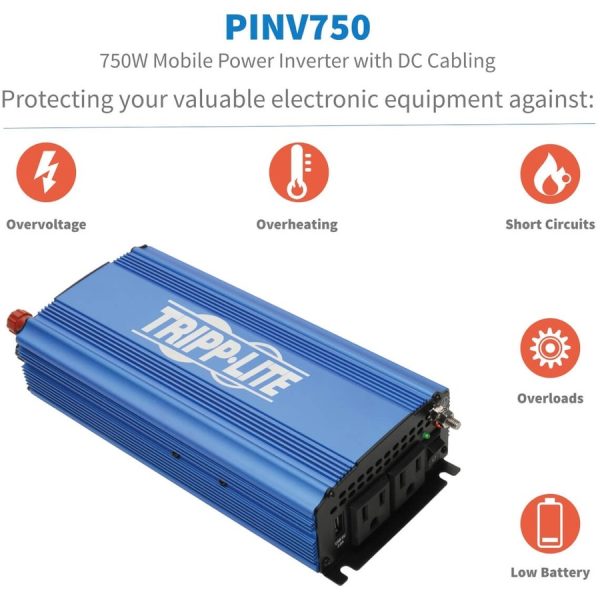 Eaton Tripp Lite Series 750W Light-Duty Compact Power Inverter with 2 AC/1 USB - 2.0A/Battery Cables, Mobile - Image 3