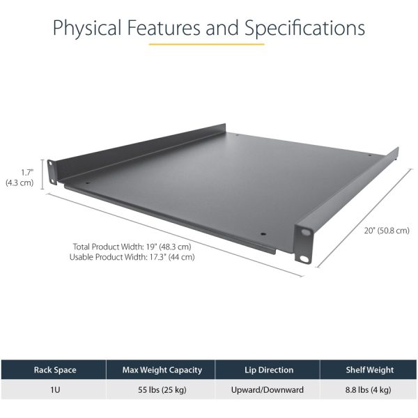 StarTech.com 1U Server Rack Cabinet Shelf - Fixed 20" Deep Cantilever Rackmount Tray for 19" Data/AV/Network Enclosure w/cage nuts, screws - Image 3