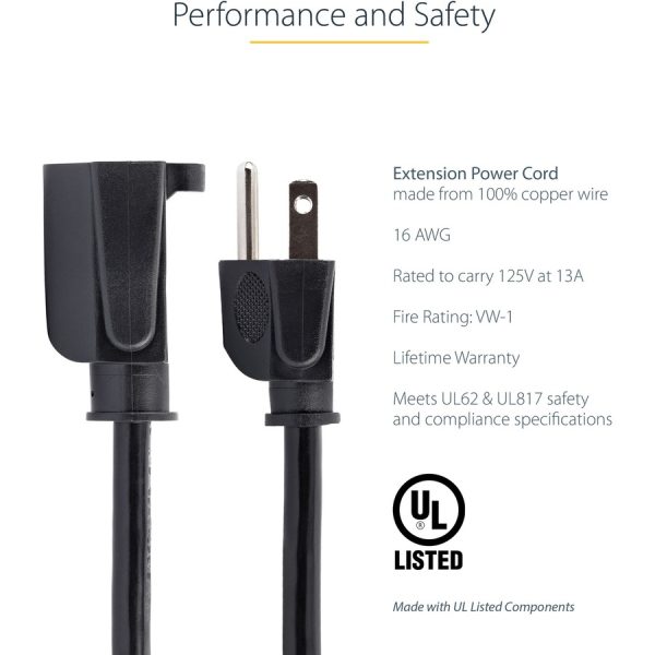 StarTech.com 1ft (0.3m) Short Extension Cord, NEMA5-15R to NEMA5-15P Black Extension Cord, 13A 125V, 16AWG, Computer Power Extension Cable - Image 4