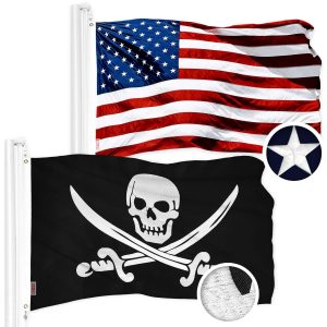 G128 Combo Pack: American USA Flag 20x30 In & Pirate Jolly Roger Swords Flag 20x30 In | Both ToughWeave Series Embroidered 300D Polyester, Embroidered Design, Indoor/Outdoor, Brass Grommets