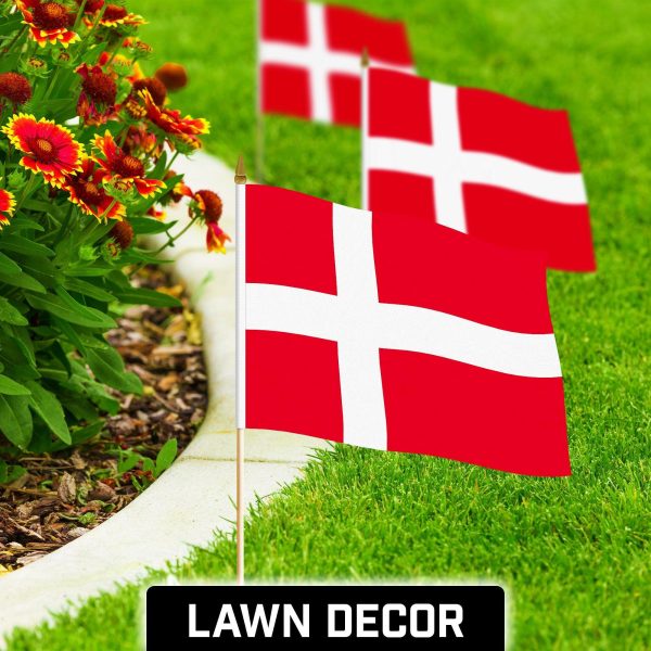 G128 24 Pack Handheld Denmark Danish Stick Flags | 12x18 In | Printed 150D Polyester, Country Flag, Solid Wooden Stick, Spear Gold Tip - Image 3