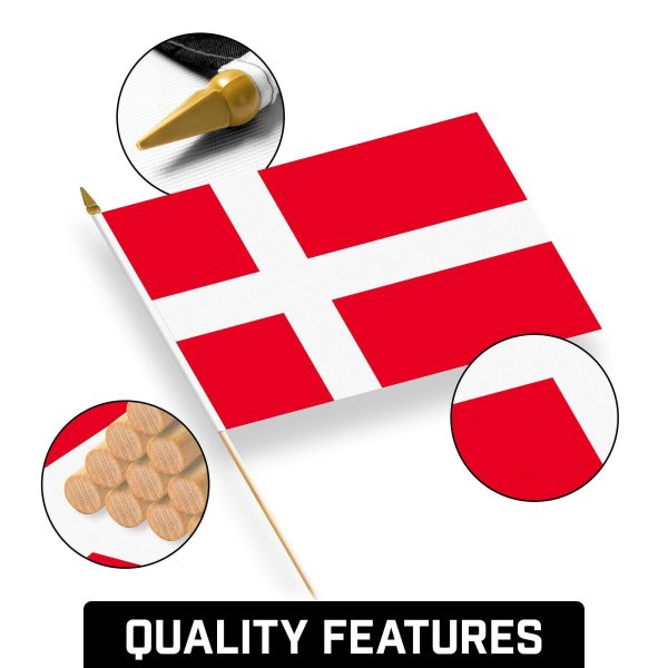 G128 24 Pack Handheld Denmark Danish Stick Flags | 12x18 In | Printed 150D Polyester, Country Flag, Solid Wooden Stick, Spear Gold Tip - Image 8
