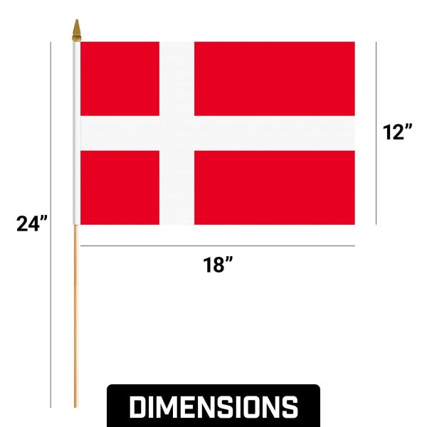 G128 24 Pack Handheld Denmark Danish Stick Flags | 12x18 In | Printed 150D Polyester, Country Flag, Solid Wooden Stick, Spear Gold Tip - Image 9