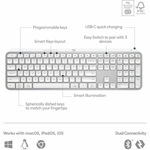 Logitech MX Keys S Wireless Keyboard, Low Profile, Fluid Precise Quiet Typing, USB C Rechargeable, Pale Gray - Image 6
