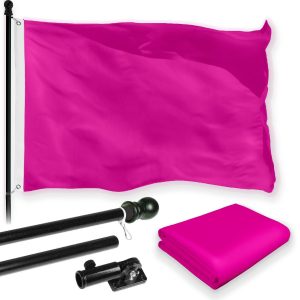 G128 Combo Pack: 5 Ft Tangle Free Aluminum Spinning Flagpole (Black) & Solid Pink Color Flag 2.5x4 Ft, LiteWeave Pro Series Printed 150D Polyester | Pole with Flag Included