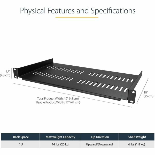 StarTech.com 1U Vented Server Rack Cabinet Shelf - Fixed 10in Deep Cantilever Rackmount Tray for 19" Data/AV/Network Enclosure w/Cage Nuts - Image 3