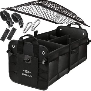 Trunk Organizer with Covering Net Attachable Non Slip Pads and Stainless Hooks Black