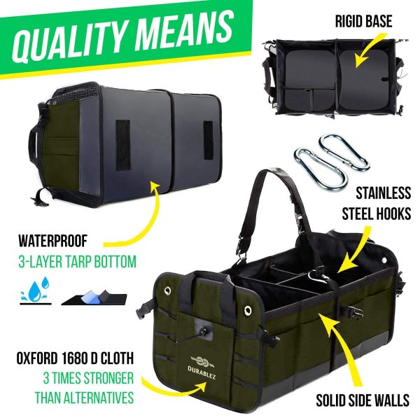 Trunk Organizer with Covering Net Attachable Non Slip Pads and Stainless Hooks Military Green - Image 3