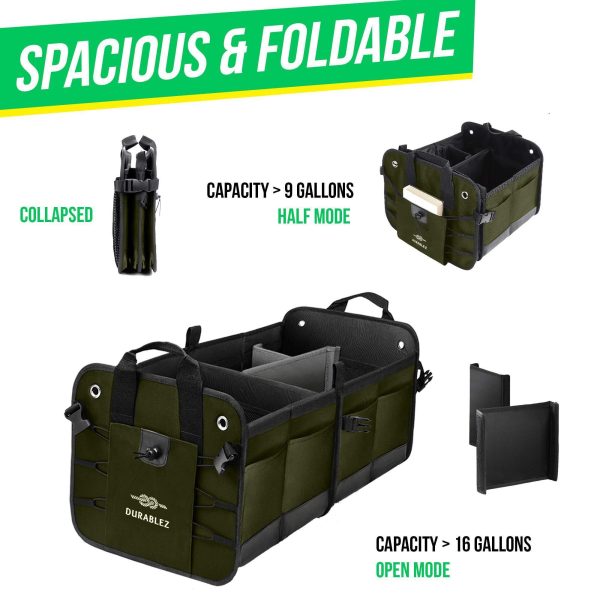 Trunk Organizer with Covering Net Attachable Non Slip Pads and Stainless Hooks Military Green - Image 4
