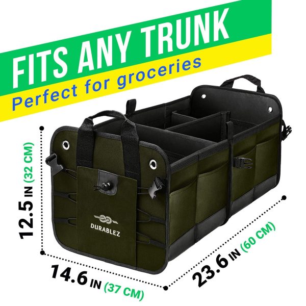 Trunk Organizer with Covering Net Attachable Non Slip Pads and Stainless Hooks Military Green - Image 5