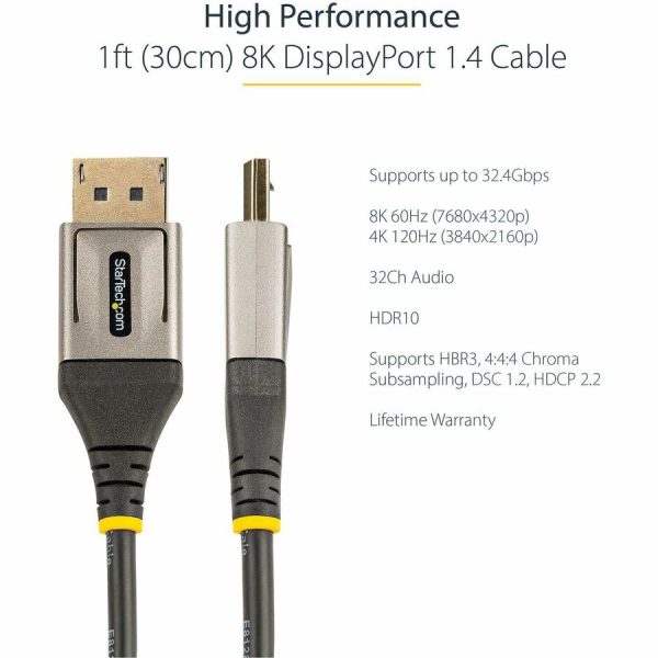 StarTech.com 1ft (30cm) DisplayPort 1.4 Cable, 8K 60Hz HDR10, UHD 4K 120Hz Video, DP to DP Monitor Cord, DP 1.4 Cable, M/M - Image 2