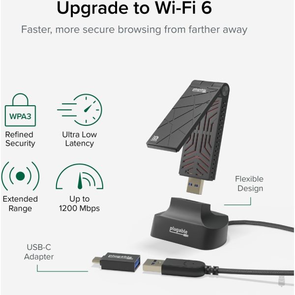 Plugable WiFi 6 USB WiFi Adapter for Desktop PC and Laptops, AX1800 USB 3.0 and USB C - Image 2