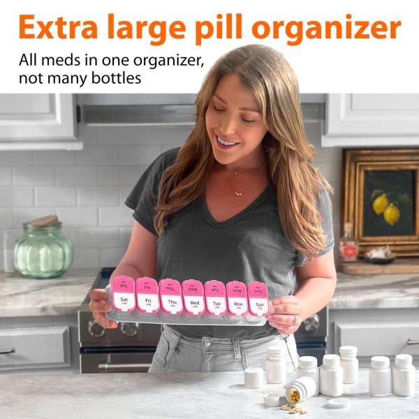 Extra Large Pill Organizer 2 Times A Day   Big Pill Box 7 Day Am Pm   XL Weekly Vitamin Holder Jumbo Medicine Container for Supplement XXL Daily Pill Case with Huge Oversized Compartments Pink White - Image 2
