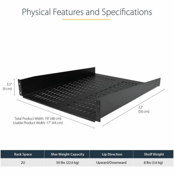 StarTech.com 2U 22in Vented Rack Mount Shelf - Fixed 22 inch Deep antilever Rackmount Tray for Server Rack Cabinet Shelf - 50lbs / 23kg - Image 3