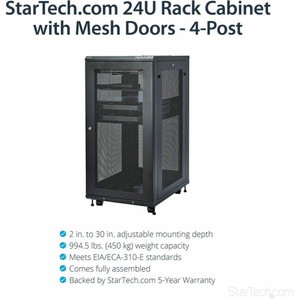 StarTech.com 24U 19" Server Rack Cabinet 4 Post Adjustable Depth 2-30" w/Casters/Cable Management/1U Shelf, Locking Doors and Side Panels - Image 2
