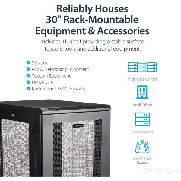 StarTech.com 24U 19" Server Rack Cabinet 4 Post Adjustable Depth 2-30" w/Casters/Cable Management/1U Shelf, Locking Doors and Side Panels - Image 4