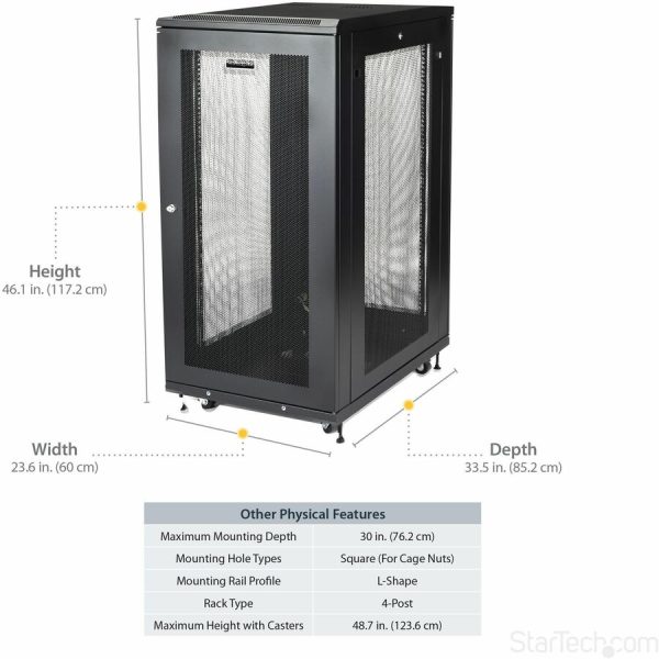 StarTech.com 24U 19" Server Rack Cabinet 4 Post Adjustable Depth 2-30" w/Casters/Cable Management/1U Shelf, Locking Doors and Side Panels - Image 5