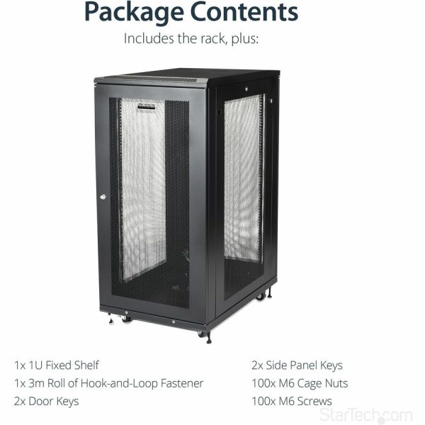 StarTech.com 24U 19" Server Rack Cabinet 4 Post Adjustable Depth 2-30" w/Casters/Cable Management/1U Shelf, Locking Doors and Side Panels - Image 6