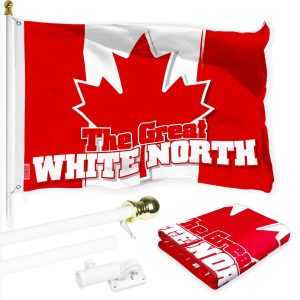 G128 Combo Pack: 6 Ft Tangle Free Aluminum Spinning Flagpole (White) & Canada Canadian The Great White North Flag 3x5 Ft, LiteWeave Pro Series Printed 150D Polyester | Pole with Flag Included