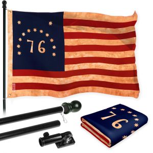G128 Combo Pack: 6 Ft Tangle Free Aluminum Spinning Flagpole (Black) & Bennington 76 Tea-Stained Flag 3x5 Ft, LiteWeave Pro Series Printed 300D Polyester | Pole with Flag Included