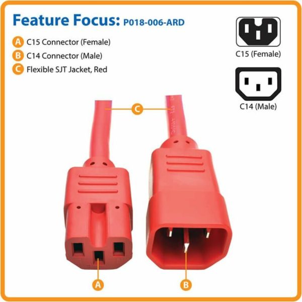 Eaton Tripp Lite Series Power Cord C14 to C15 - Heavy-Duty, 15A, 250V, 14 AWG, 6 ft. (1.83 m), Red - Image 6