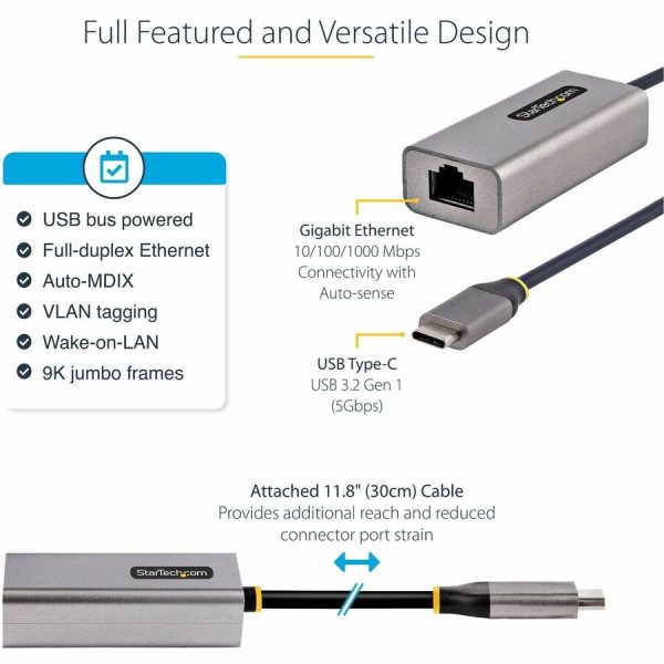 StarTech.com USB-C to Ethernet Adapter, 10/100/1000 Mbps, Gigabit Network Adapter, ASIX AX88179A, 1ft/30cm Cable, Windows/macOS/Linux - Image 3