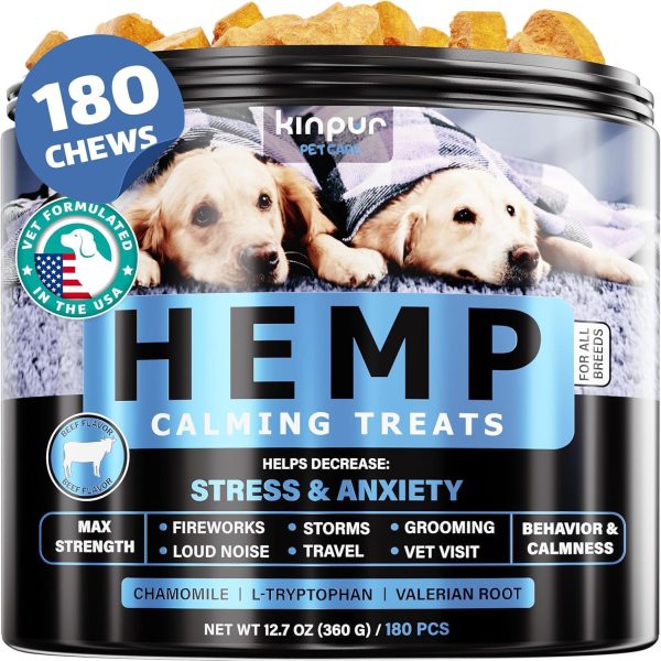 Kinpur Pet Care Calming Chews for Dogs - Dog Calming Treats with Hemp Oil, Valerian Root, Vitamin B - Dog Anxiety Relief, Separation, Fireworks, Thunderstorms, Vet - All Breeds 180 Beef Flavor Chews
