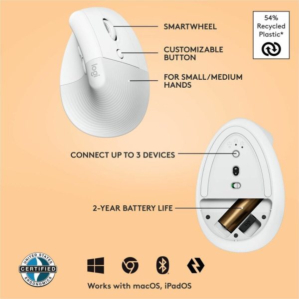 Logitech Lift Vertical Ergonomic Mouse, Wireless, Bluetooth or Logi Bolt USB receiver, Quiet clicks, 4 buttons, Off-white - Image 6