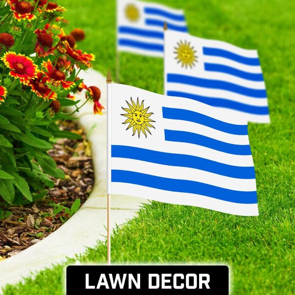 G128 12 Pack Handheld Uruguay Uruguayan Stick Flags | 12x18 In | Printed 150D Polyester, Country Flag, Solid Wooden Stick, Spear Gold Tip - Image 3