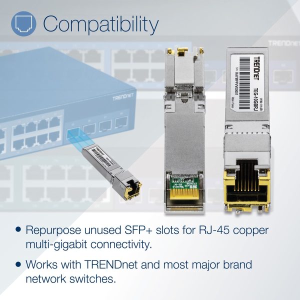 TRENDnet 10G RJ-45 Copper SFP+ Module, Convert A Standard SFP+ Slot Into A RJ-45 Multi-Gigabit Port, Connect Devices Up To 30m (98ft), Hot-Pluggable, Lifetime Protection, Silver, TEG-10GBRJ - Image 3