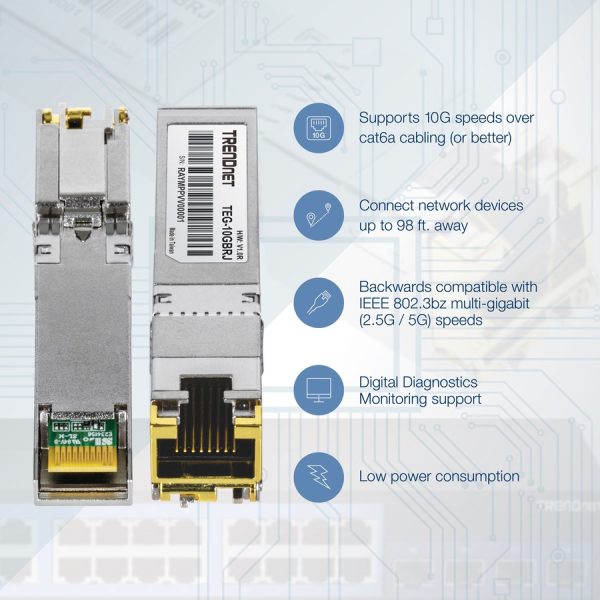 TRENDnet 10G RJ-45 Copper SFP+ Module, Convert A Standard SFP+ Slot Into A RJ-45 Multi-Gigabit Port, Connect Devices Up To 30m (98ft), Hot-Pluggable, Lifetime Protection, Silver, TEG-10GBRJ - Image 5