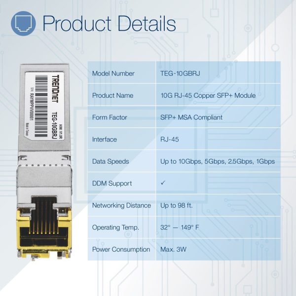 TRENDnet 10G RJ-45 Copper SFP+ Module, Convert A Standard SFP+ Slot Into A RJ-45 Multi-Gigabit Port, Connect Devices Up To 30m (98ft), Hot-Pluggable, Lifetime Protection, Silver, TEG-10GBRJ - Image 6