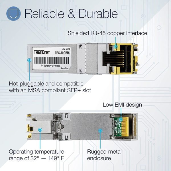 TRENDnet 10G RJ-45 Copper SFP+ Module, Convert A Standard SFP+ Slot Into A RJ-45 Multi-Gigabit Port, Connect Devices Up To 30m (98ft), Hot-Pluggable, Lifetime Protection, Silver, TEG-10GBRJ - Image 10