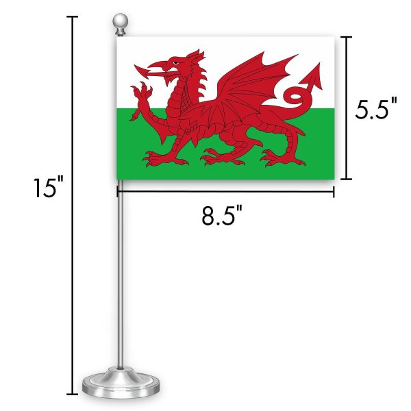 G128 Wales Welsh Deluxe Desk Flag Set | 8.5x5.5 In | Printed 300D Polyester, with Silver Dome and Base, 15" Metal Pole, Decorations For Office, Home and Festival Events Celebration - Image 7