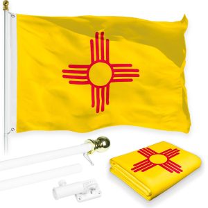 G128 Combo Pack: 6 Feet Tangle Free Spinning Flagpole (White) New Mexico NM State Flag 3x5 ft Printed 150D Brass Grommets (Flag Included) Aluminum Flag Pole