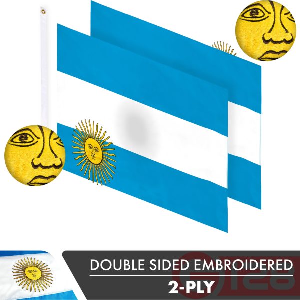 G128 Argentina (Argentinian) Flag | 3x5 feet | Double Sided Embroidered 210D “ Indoor/Outdoor, Brass Grommets, Heavy Duty Polyester - Image 2
