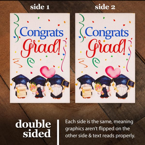 G128 Garden Flag Congrats Grad Three Gnomes Graduating 12"x18" Burlap Fabric - Image 3