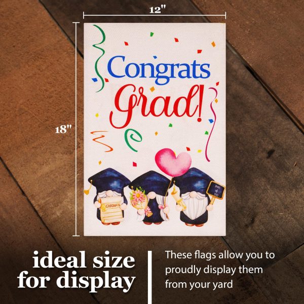 G128 Garden Flag Congrats Grad Three Gnomes Graduating 12"x18" Burlap Fabric - Image 4