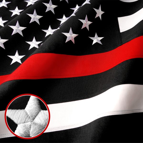 G128 - Thin Red Line Flag Embroidered 4x6 FT Heavy Duty 220GSM Tough Spun Polyester U.S. American Flag Brass Grommets Honoring Fire Fighters and EMTs Black White and Red US Flag - Image 2