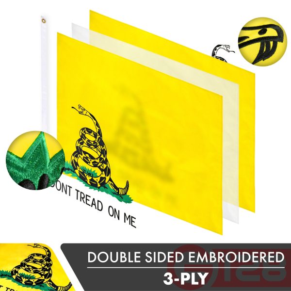 G128 2 Pack: Gadsden Don't Tread On Me Flag | 1x1.5 Ft | Double ToughWeave Series Double Sided Embroidered 210D | Historical Flag, Embroidered Design, Indoor/Outdoor, Brass Grommets, Heavy Duty, 3-ply - Image 2