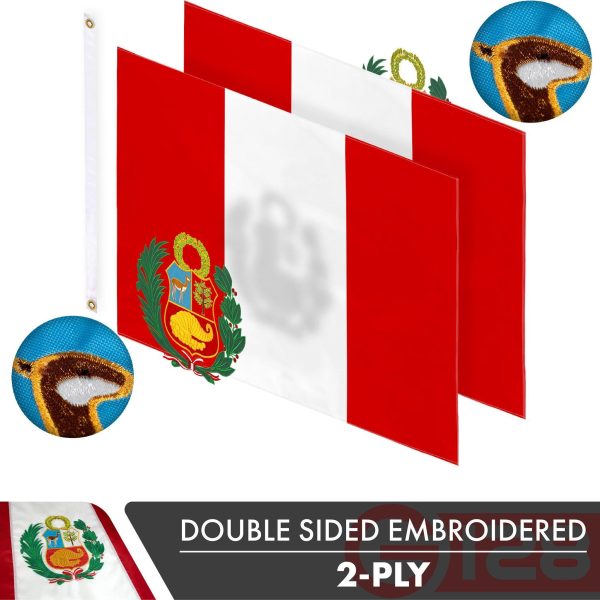 Peru Peruvian Flag 3x5 Ft 2-Pack Double-sided Embroidered Polyester By G128 - Image 2