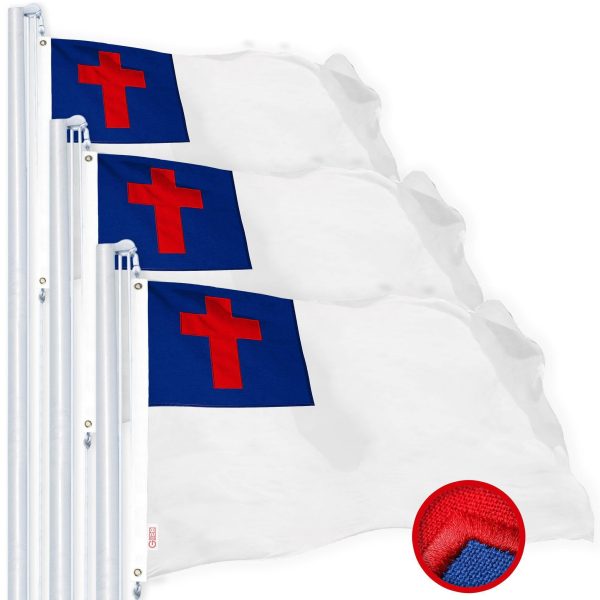 G128 3 Pack: Christian Flag | 2.5x4 Ft | StormFlyer Series Embroidered 220GSM Spun Polyester | Religious Flag, Embroidered Design, Indoor/Outdoor, Brass Grommets, Heavy Duty, All Weather